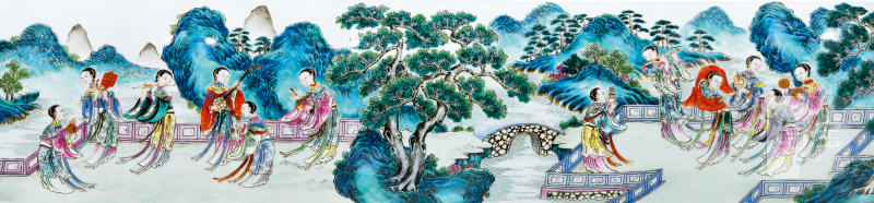 清乾隆 洋彩汉宫春晓图西番莲纹螭耳蒜头瓶 - 图6